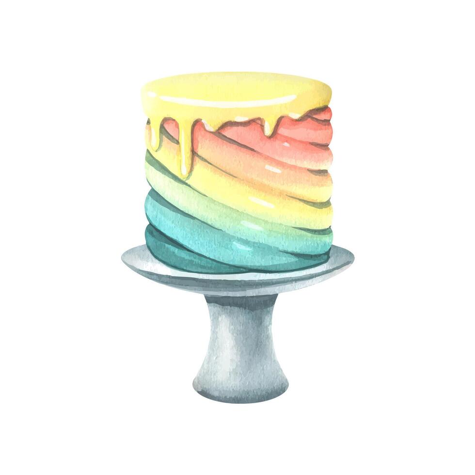 Rainbow cake with icing on a stand. Blank for the design and decoration of festive and kitchen, confectionery paraphernalia. Watercolor illustration. An isolated from a large set of HAPPY BIRTHDAY. vector