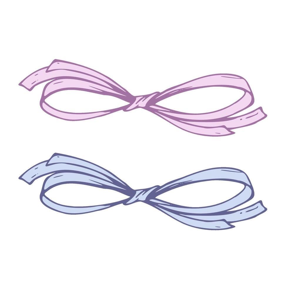 Satin, small, simple bow made of fabric, thin ribbons. Graphic sketch illustration hand drawn line art, outline in blue and pink. Single isolated element EPS, for hair decoration, clothes gifts vector
