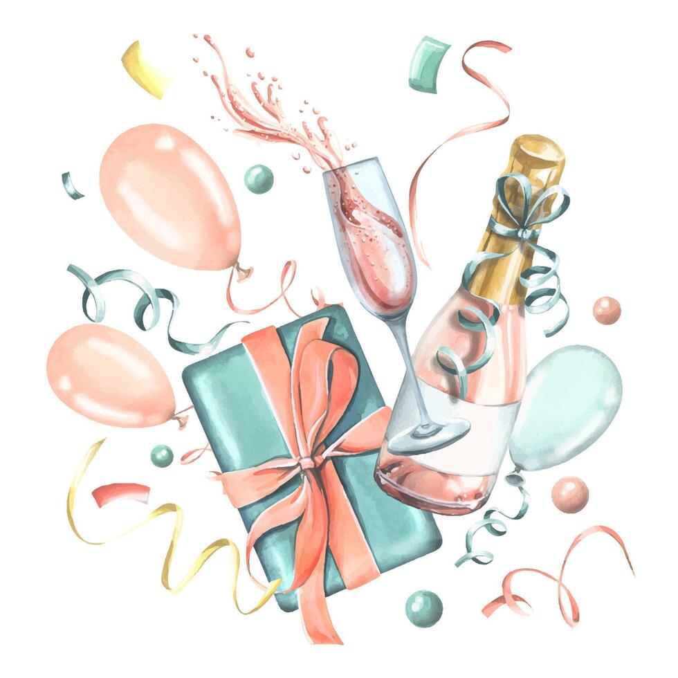 Gift box with a bottle and a glass of champagne, with balloons and confetti, in pink and blue. Watercolor illustration. Festive composition from the collection of HAPPY BIRTHDAY. For congratulations. vector