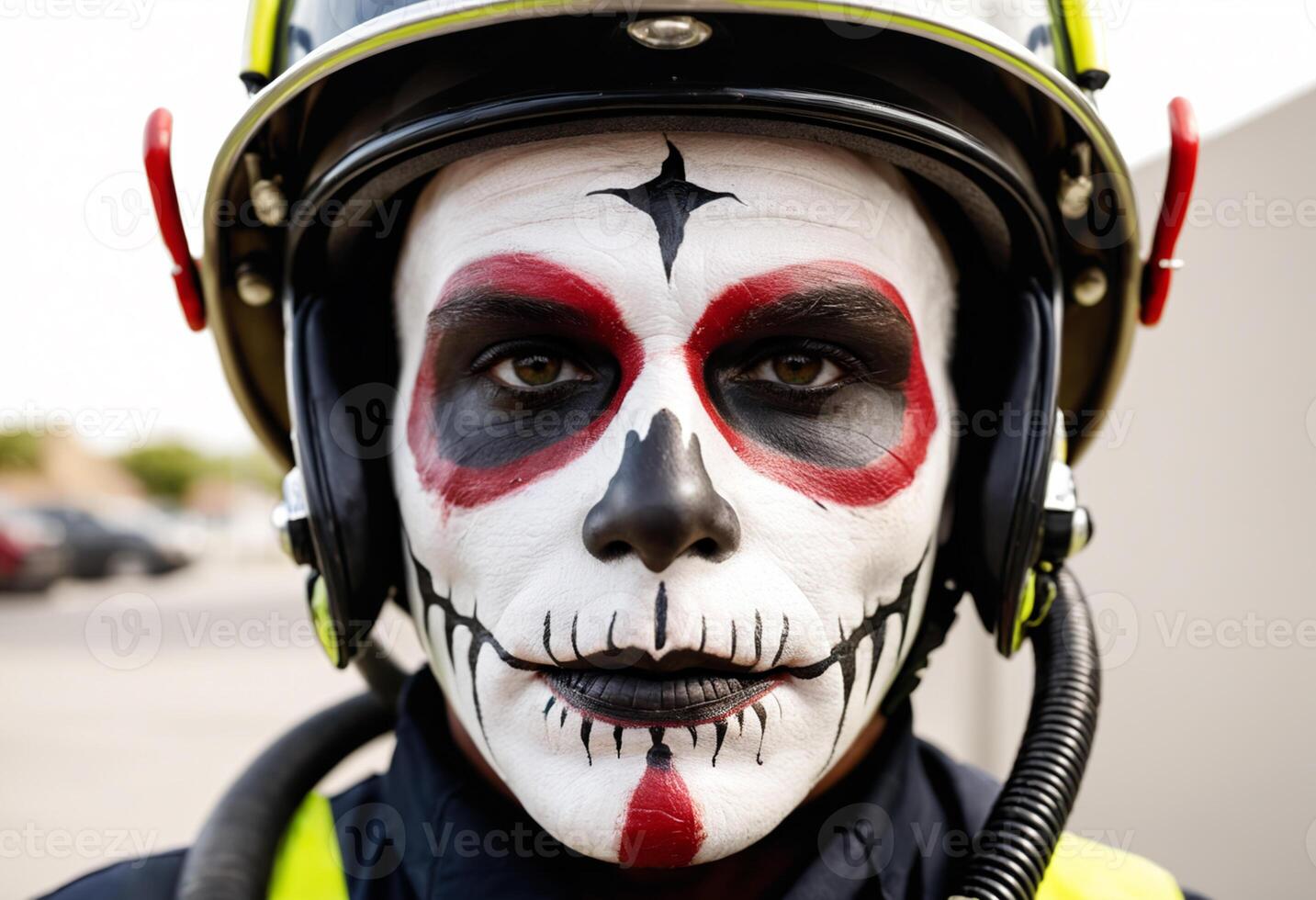 A creative shot of a firefighter with Halloween makeup, wearing a helmet and gear, perfect for spooky or festive designs photo
