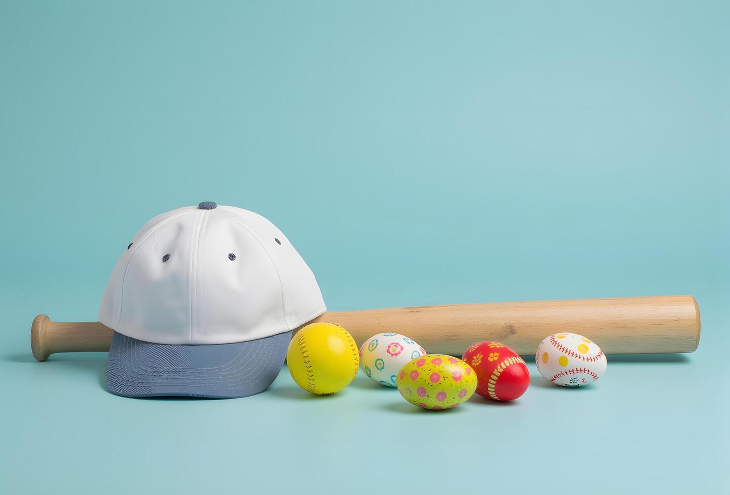 Easter still life with a white cap, blue brim, and wooden baseball bat. Hand-painted Easter eggs with vibrant designs and a yellow baseball with red seams. Light blue backdrop. Clean composition photo