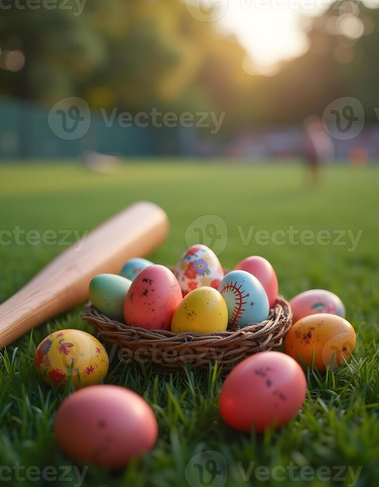 A gathering of decorated eggs fills a small basket as sunlight filters through trees, hinting at festive outdoor activities taking place photo