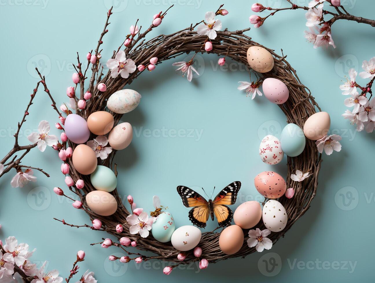A festive Easter wreath adorned with colorful eggs, delicate blossoms, and a butterfly, creating a cheerful and inviting spring decoration. photo
