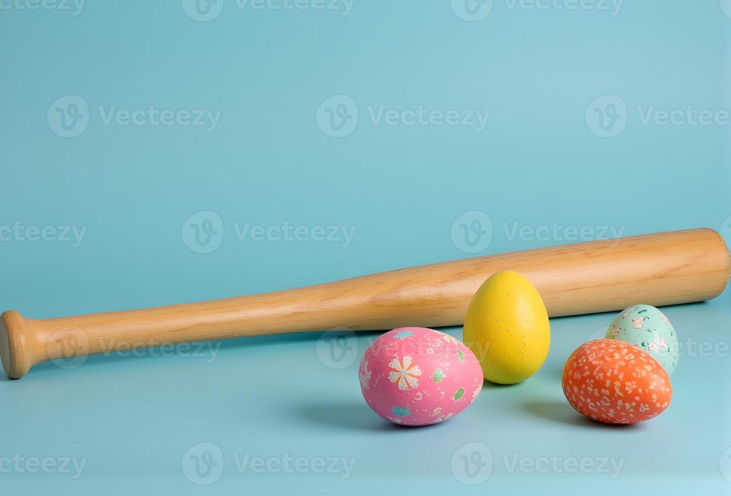Brightly colored eggs rest on a smooth surface beside a wooden baseball bat, capturing a quirky fusion of spring and playful activities photo