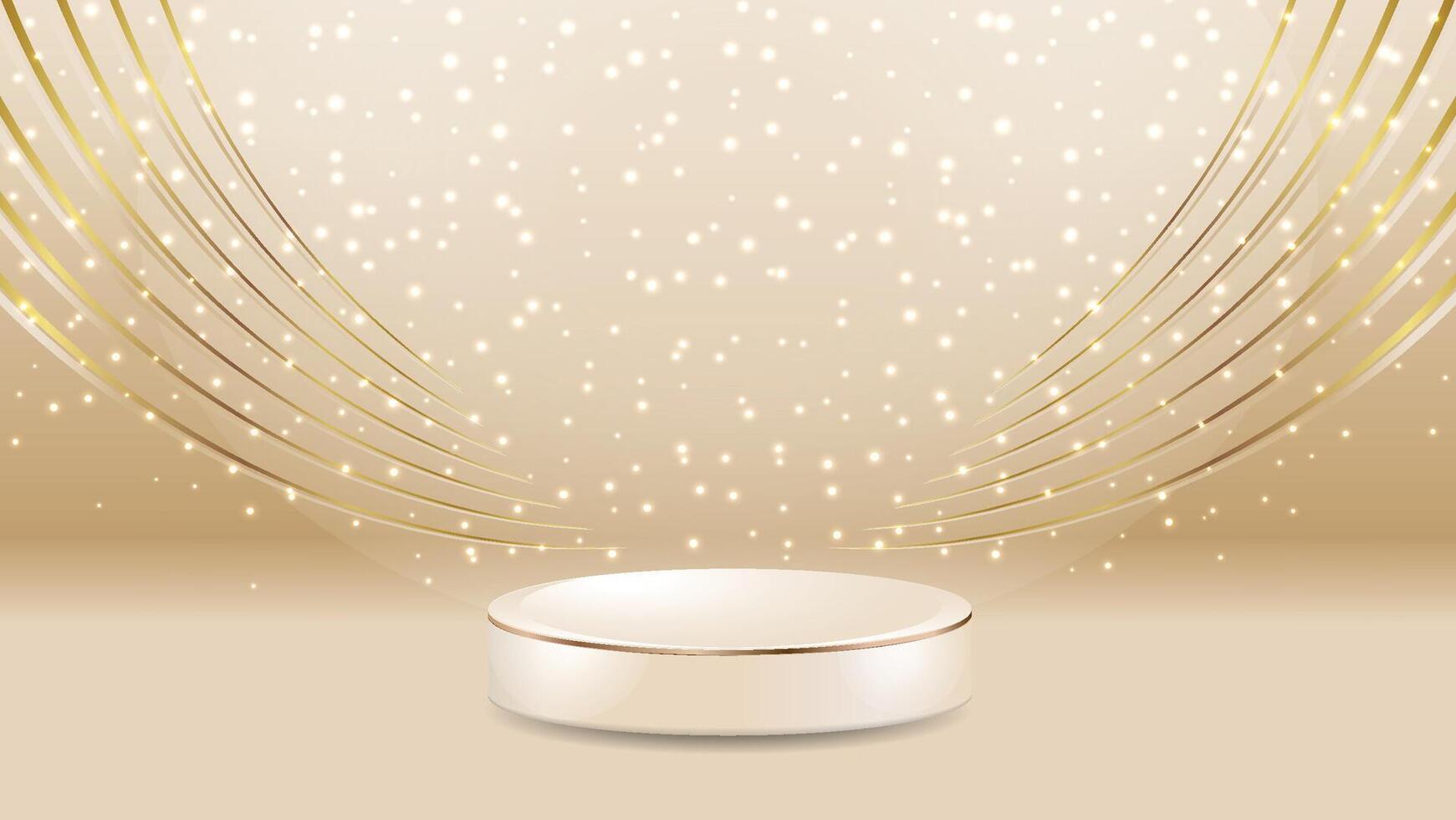 product podium with sparkle golden curve lines bokeh blur elements luxury background 3d realistic scene design illustration vector