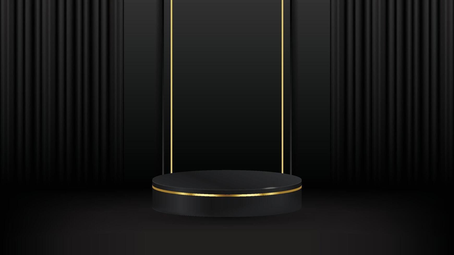 3D abstract studio room with pedestal podium. black geometric platform with golden glitter in rectangle shape backdrop. Luxury scene for demonstration of cosmetic products, Showcase, Promotion display vector