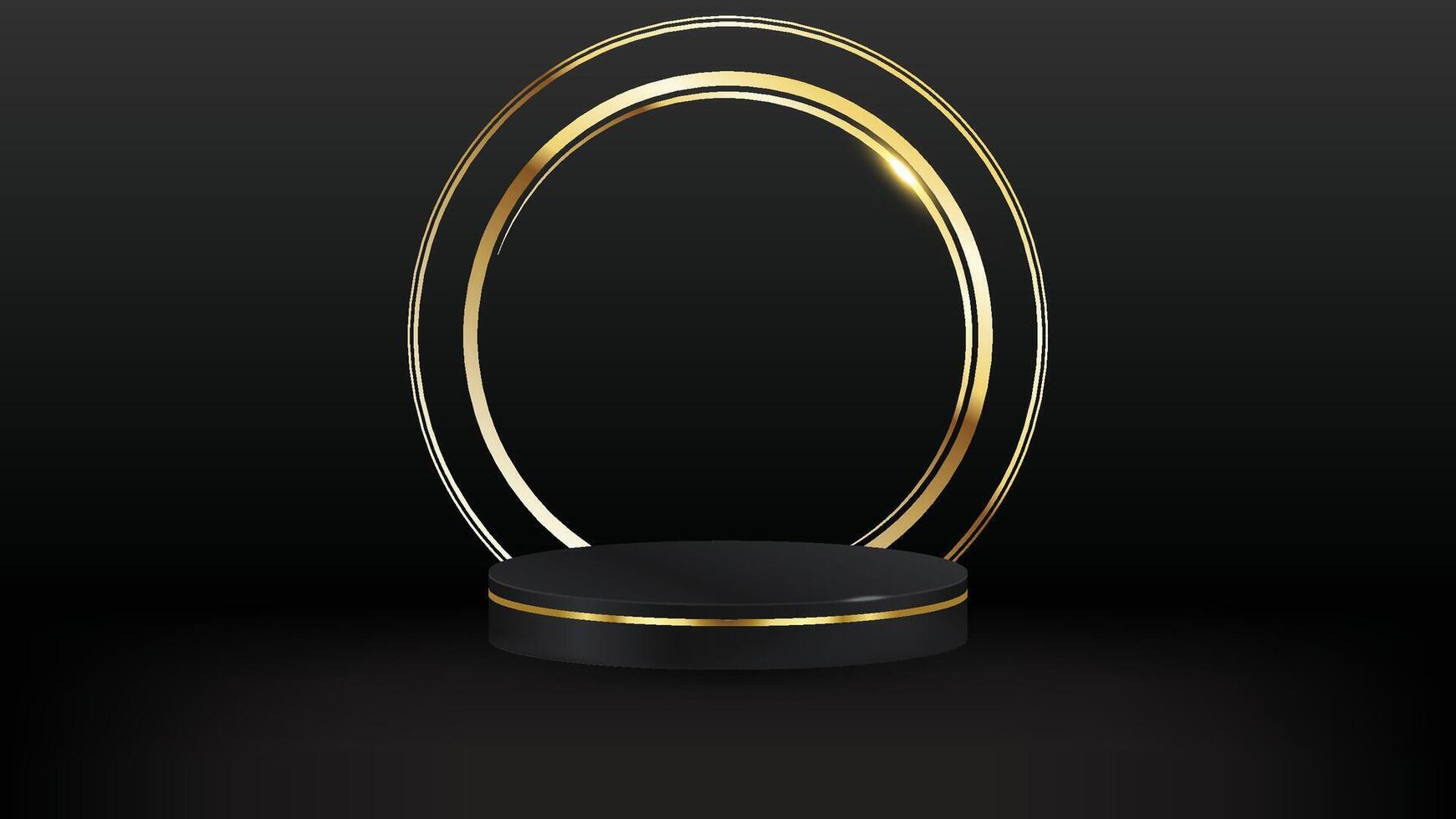 Gold podium for product presentation illustration. Abstract empty golden award platform with neon glowing round frame and rays, glitter confetti sparkle rain falling from above background vector
