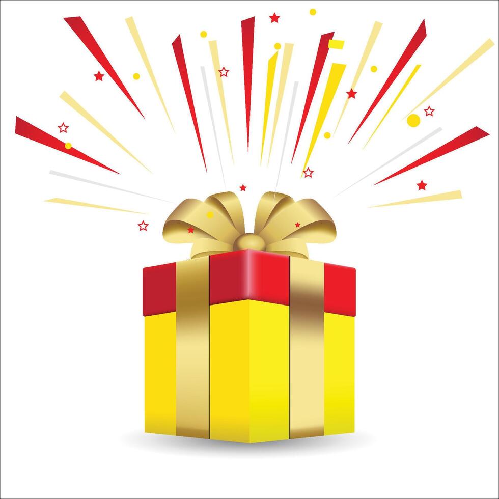 Surprise gift box. Red and white gift box with golden ribbon bow. 3d style. Element design for giveaway, surprise, holiday, christmas, new year. illustration. stock illustration vector