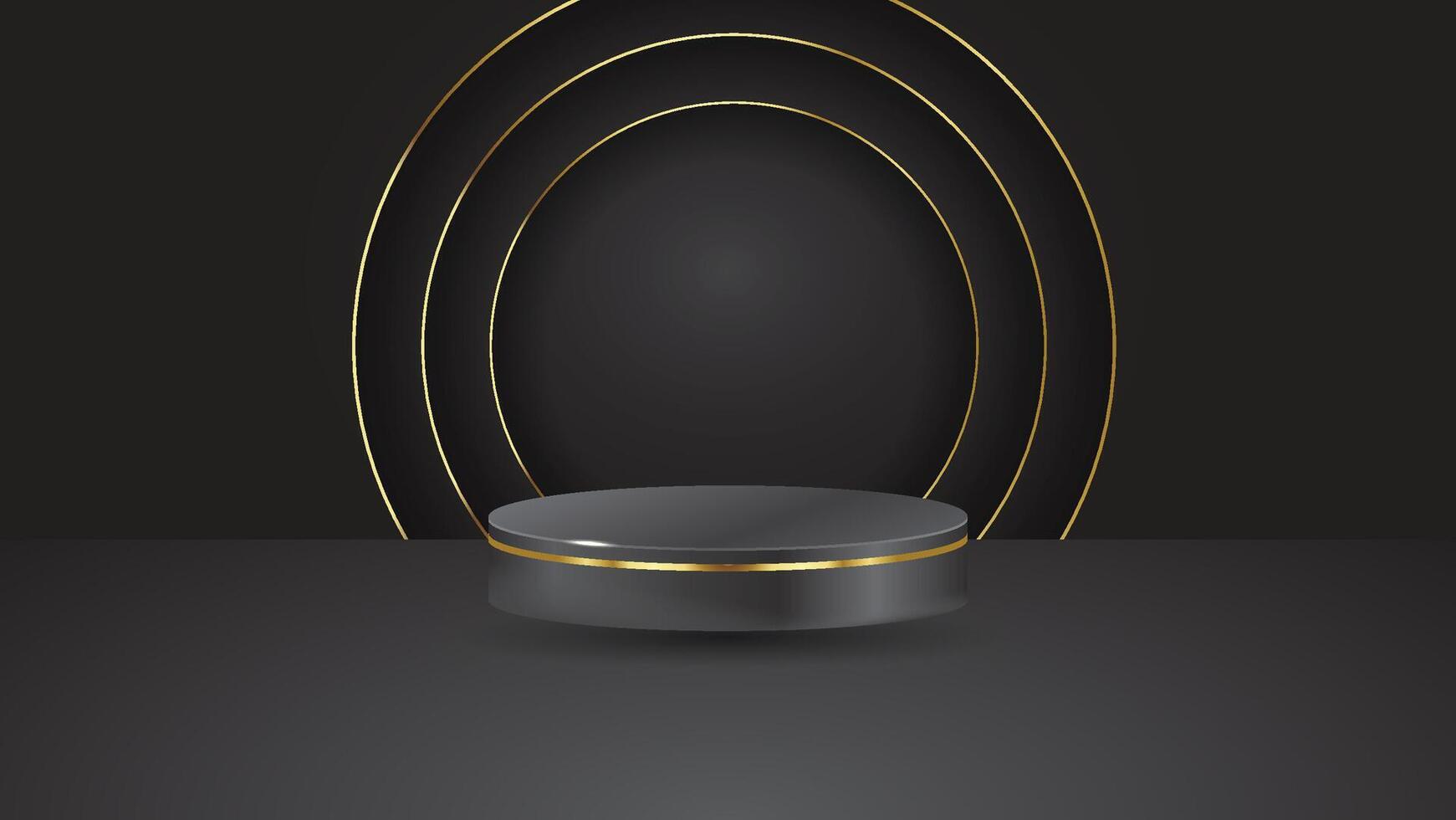 Luxury 3D Black Podium with Gold Circles for Product Display, Showroom, Showcase, and Mockup vector
