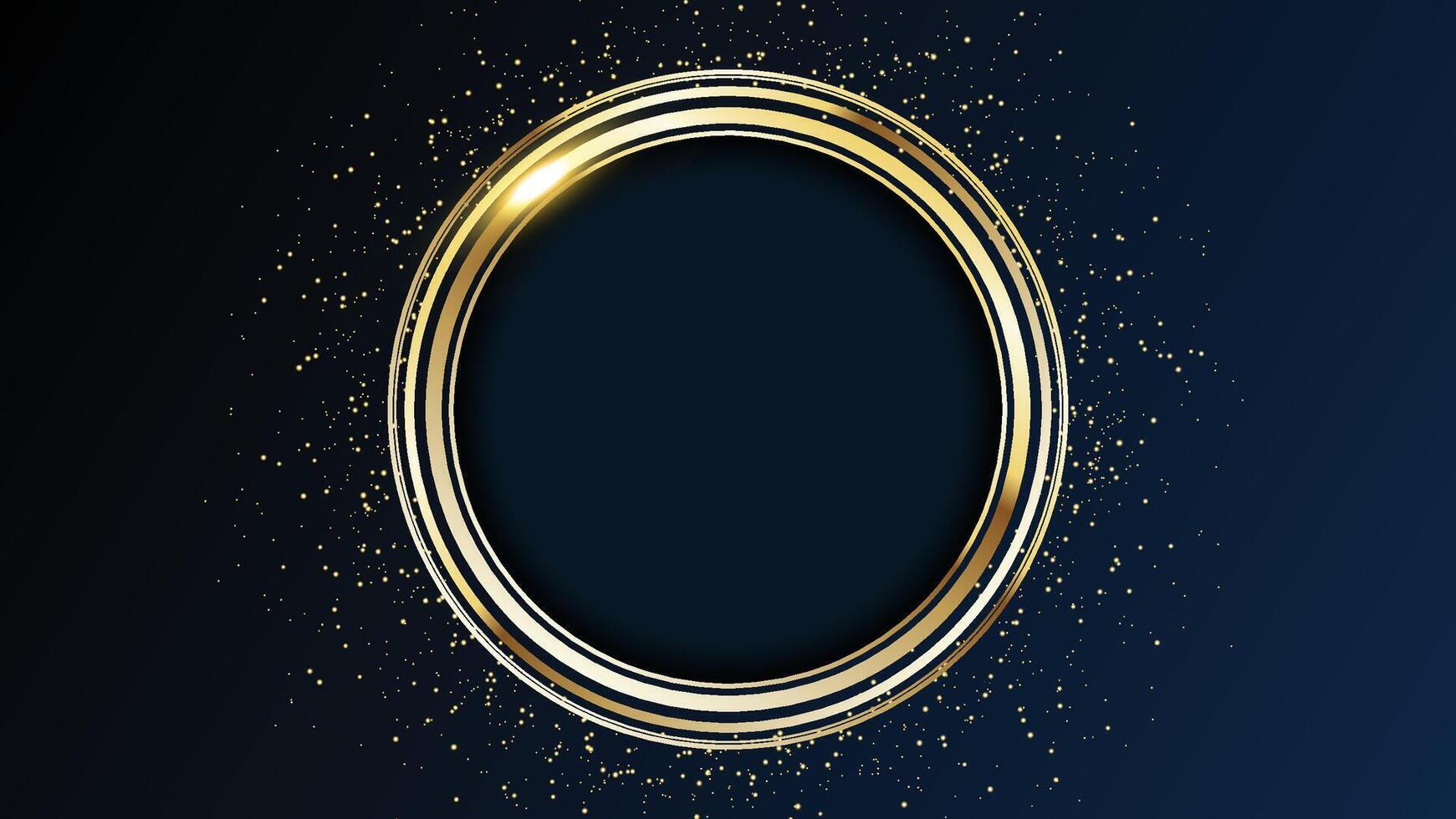 Golden round metal circle rings with sparkles background. Shining abstract frame vector