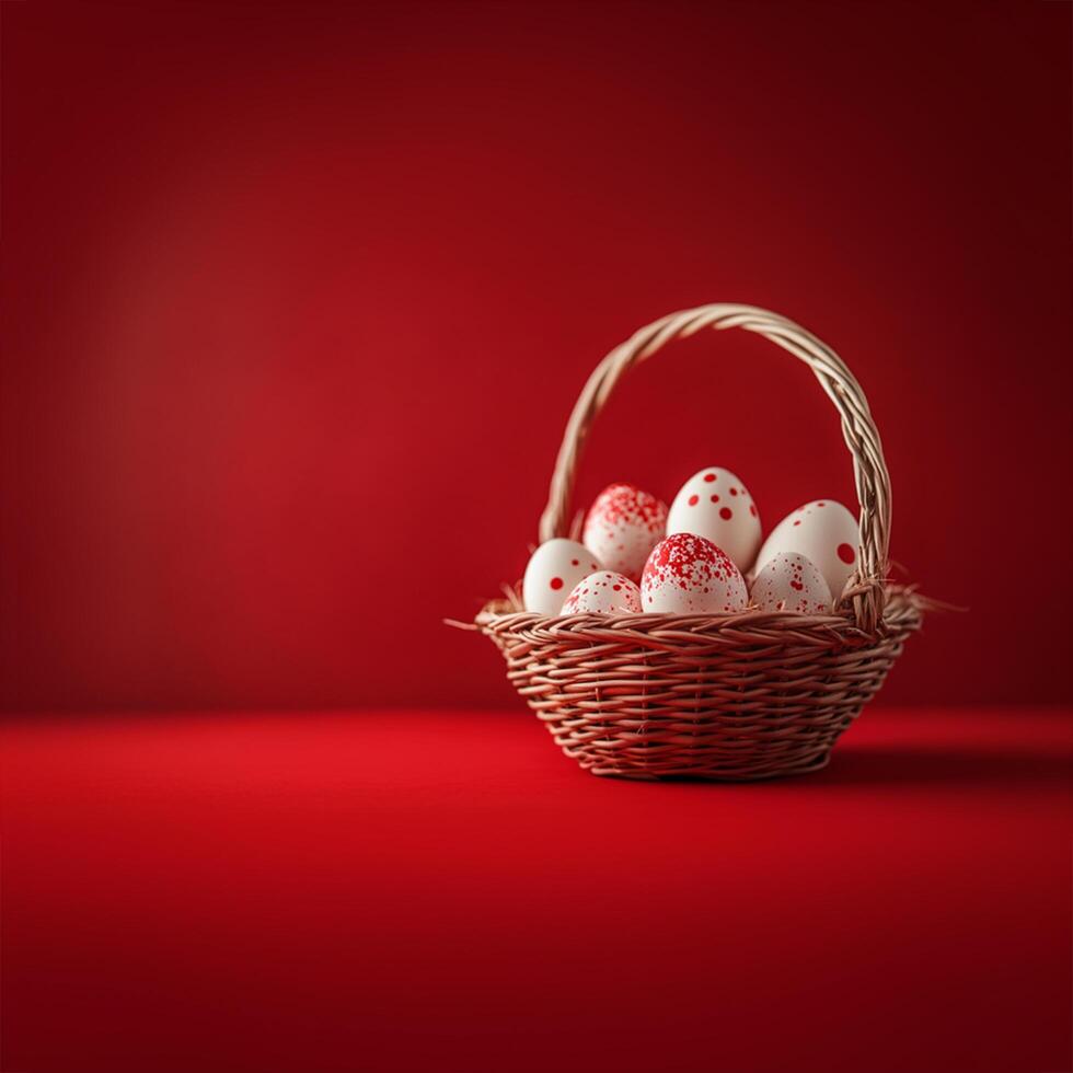 Festive Red Easter Eggs in a Basket on Red Background - Studio Image photo