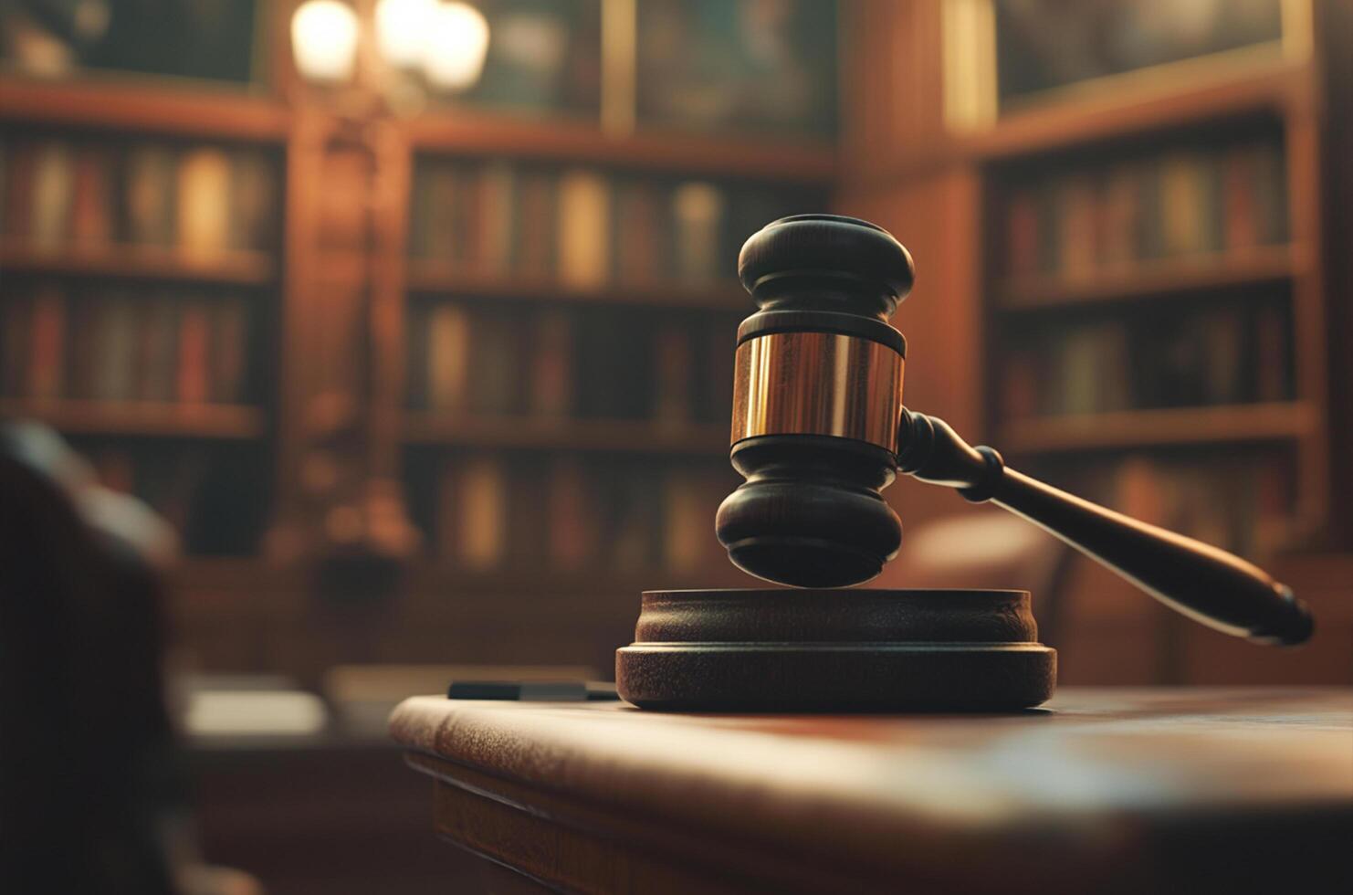 Law and Order, Gavel Positioned on wooden desk photo