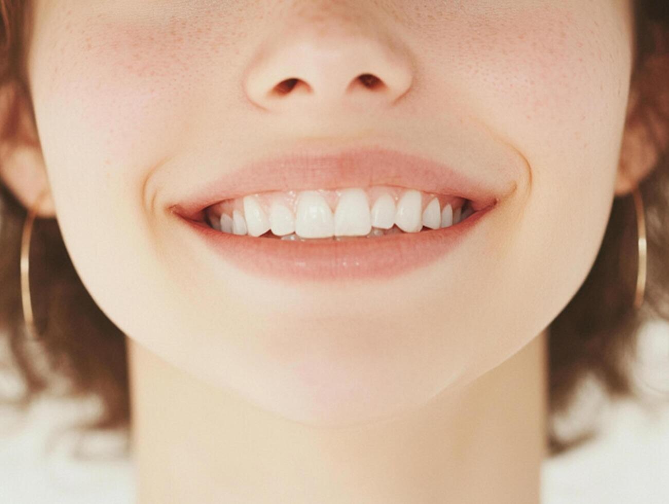 Close up cropped half face portrait of attractive, trendy, stylish, experienced, brunet, toothy woman with wide beaming smile and healthy teeth, isolated on white background stock photo
