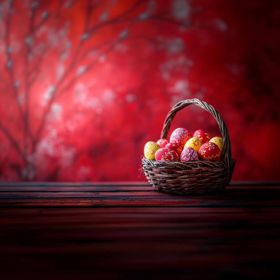 Vibrant Easter Basket with Eggs and blurred Willow Branches on Red Background photo