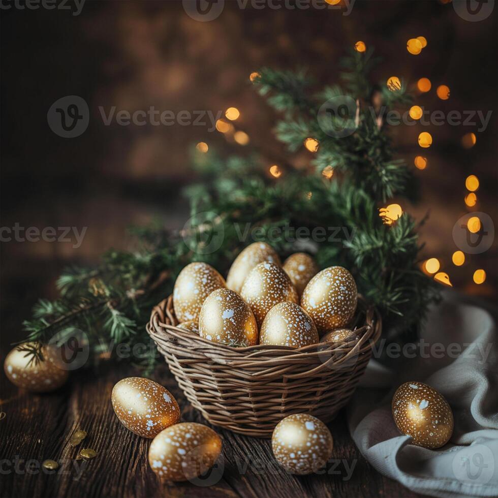 Golden Easter Eggs with White Dots in Basket Surrounded by Pine Branches and Fairy Lights photo