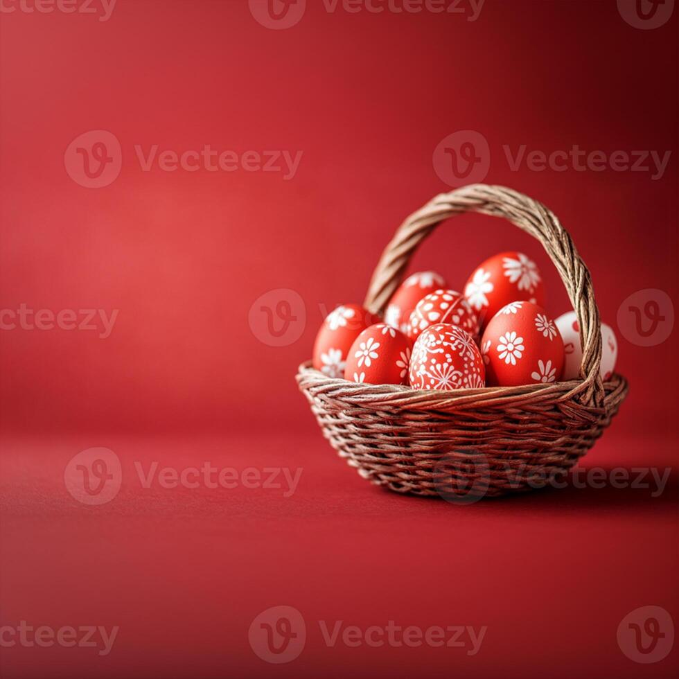 Red Easter Eggs in a Basket on Red Background with Copy Space photo
