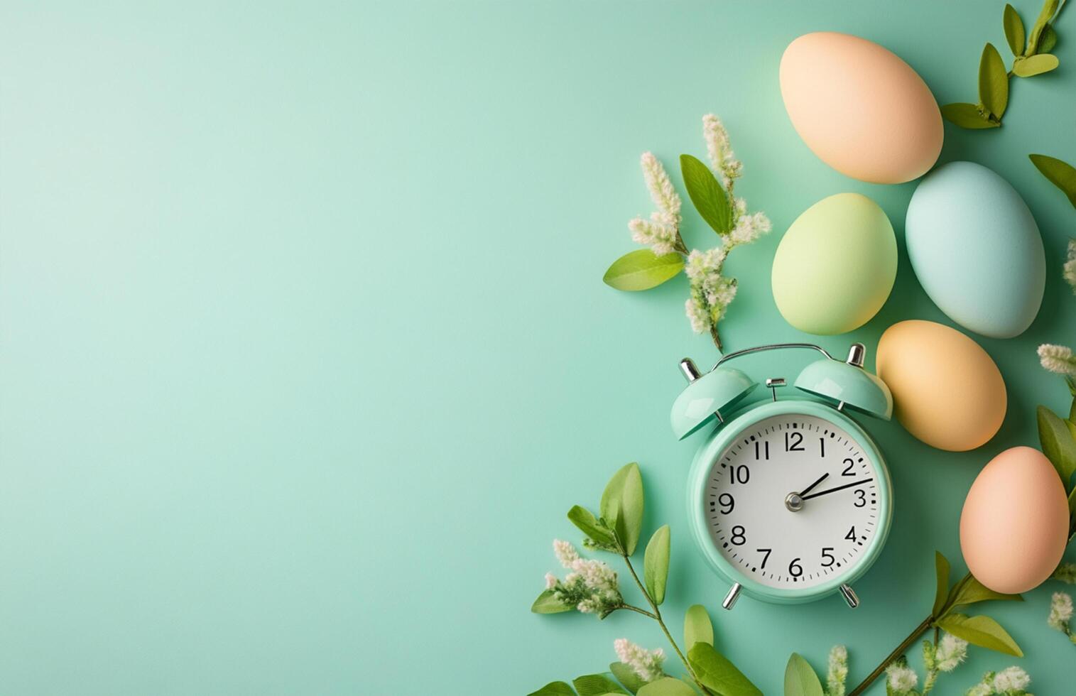 3D Realistic Easter Eggs and Alarm Clock on Pastel Green Background photo