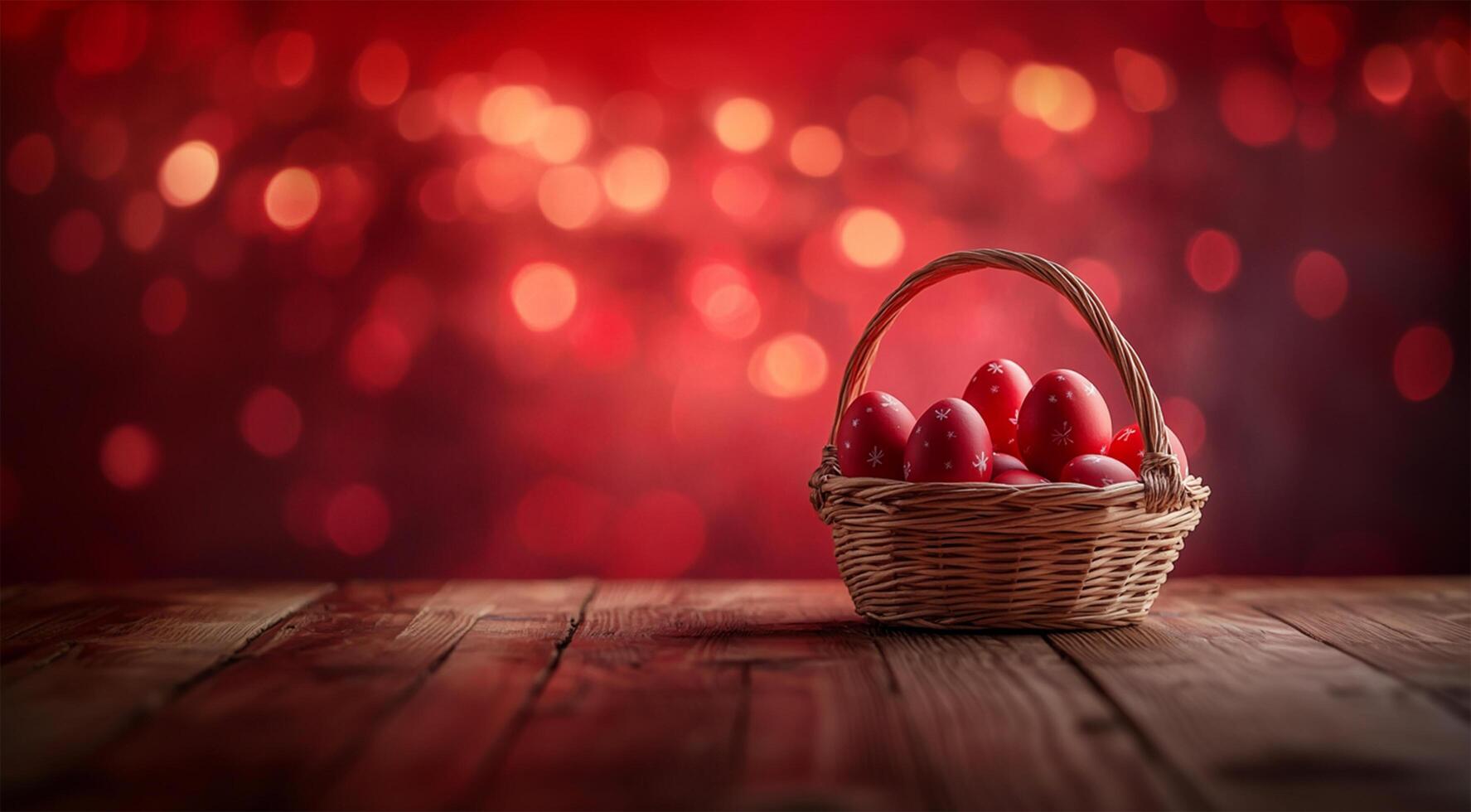 Red Easter Eggs in a Basket on Red Background with Space for Text photo