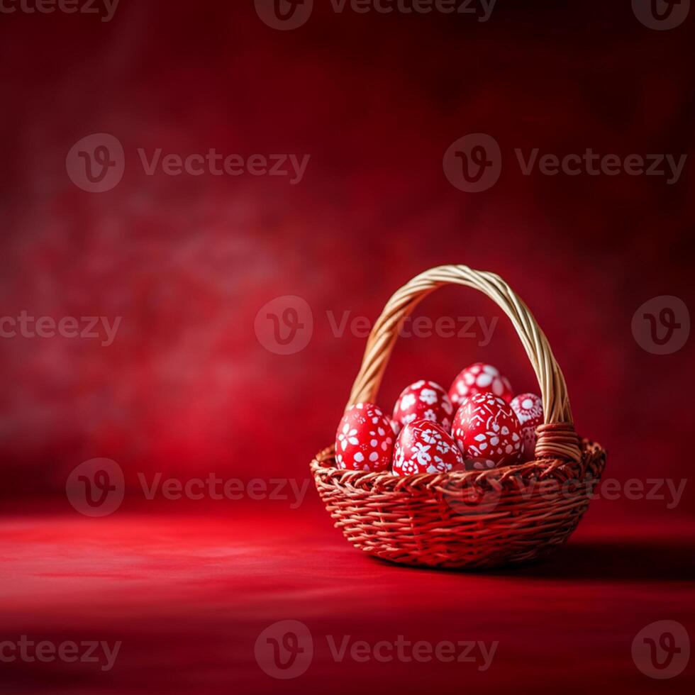 Red Easter Eggs in Basket on Solid Red Background with Ample Copy Space photo