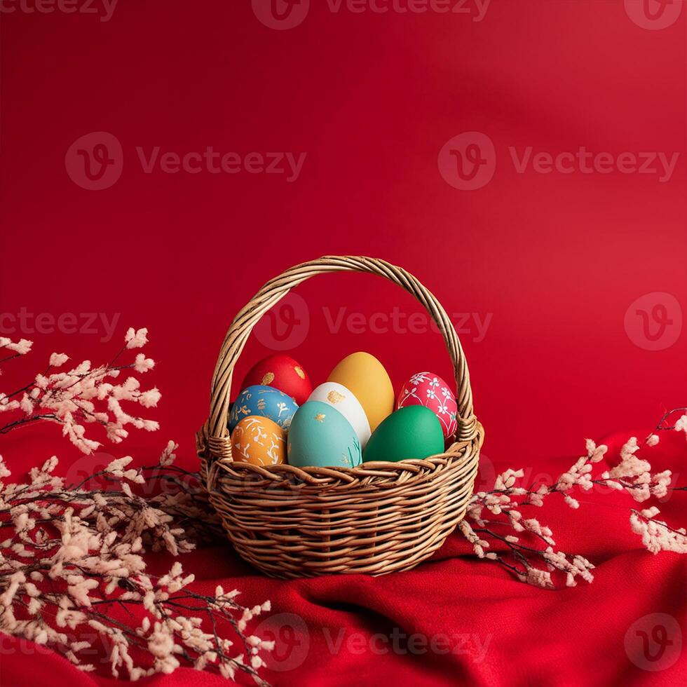 Easter Basket with Eggs and Willow Branches on Red Background photo