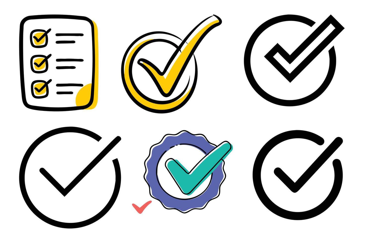 Six Check Mark Icons Yellow, Green, Black, List, and Circle Isolated on White Background vector