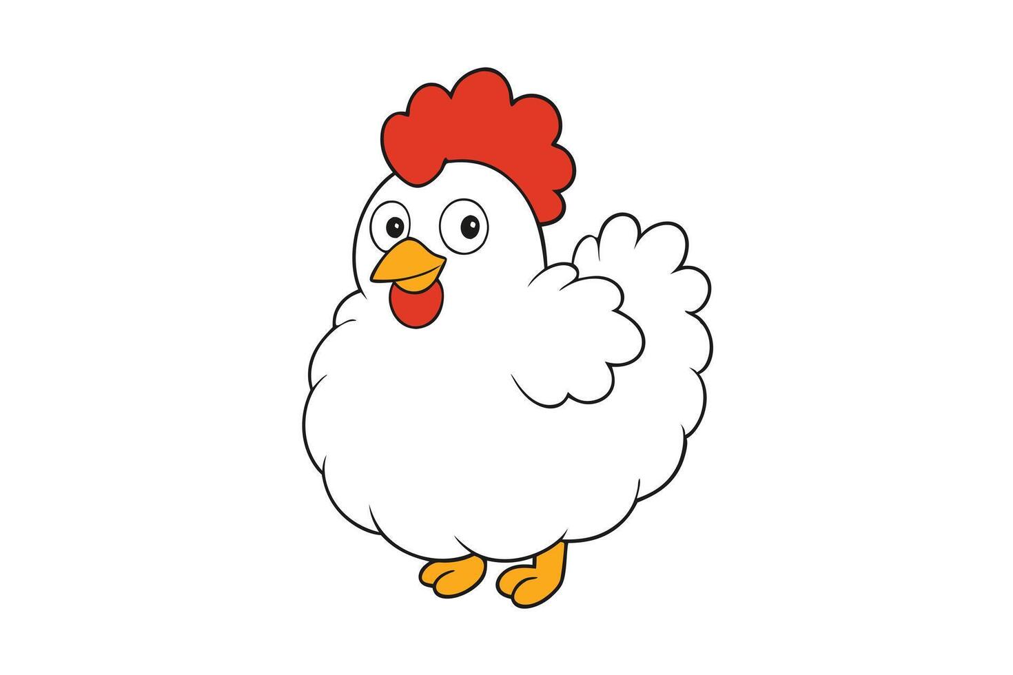 Cartoon White Chicken with Red Crest and Yellow Beak on White Background vector