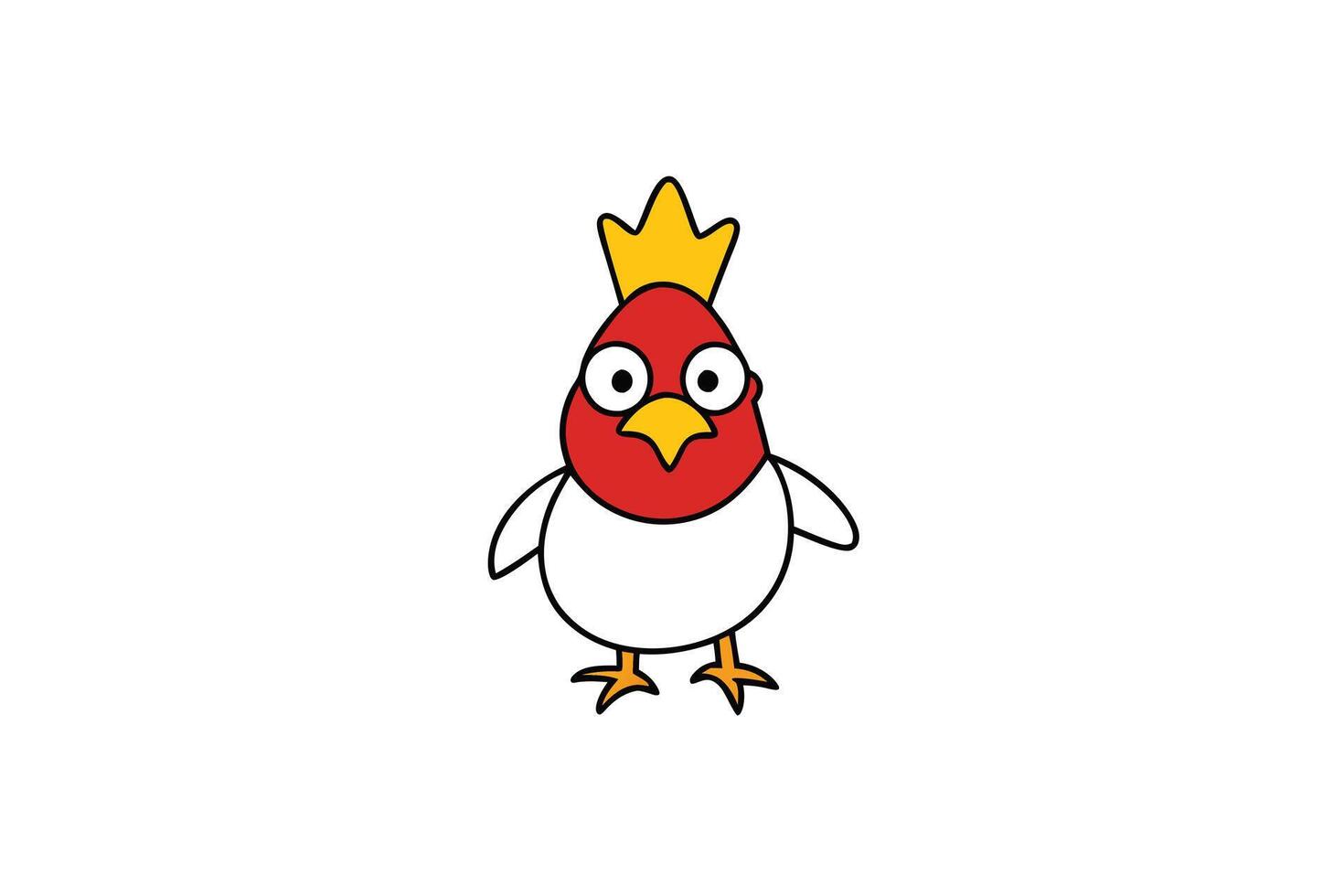 Cartoon Bird Character with Crown and Outline, Gold Beak, Red Head and White Body vector