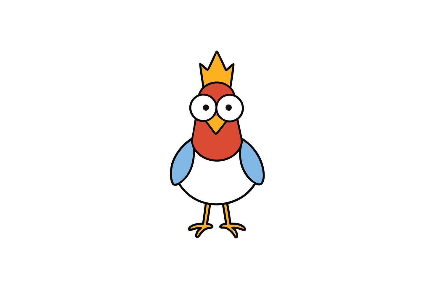 Cartoon Bird with Crown, Red Head, Blue Wings on White Background Style vector