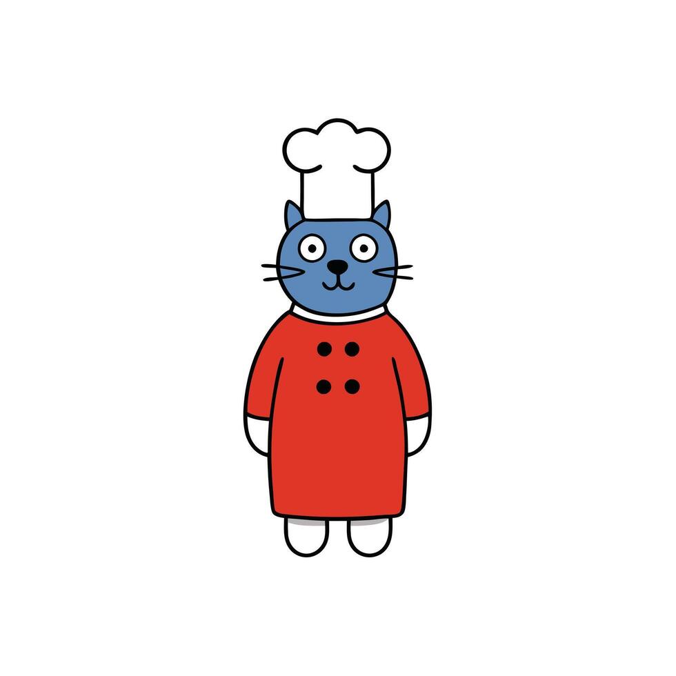 Whimsical Blue Cat Chef with Red Coat and White Hat on Transparent Background vector