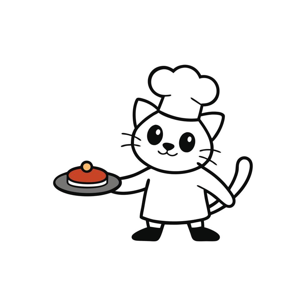 Cute Cartoon Cat Chef Character Holding Plate with Food on Transparent Background vector