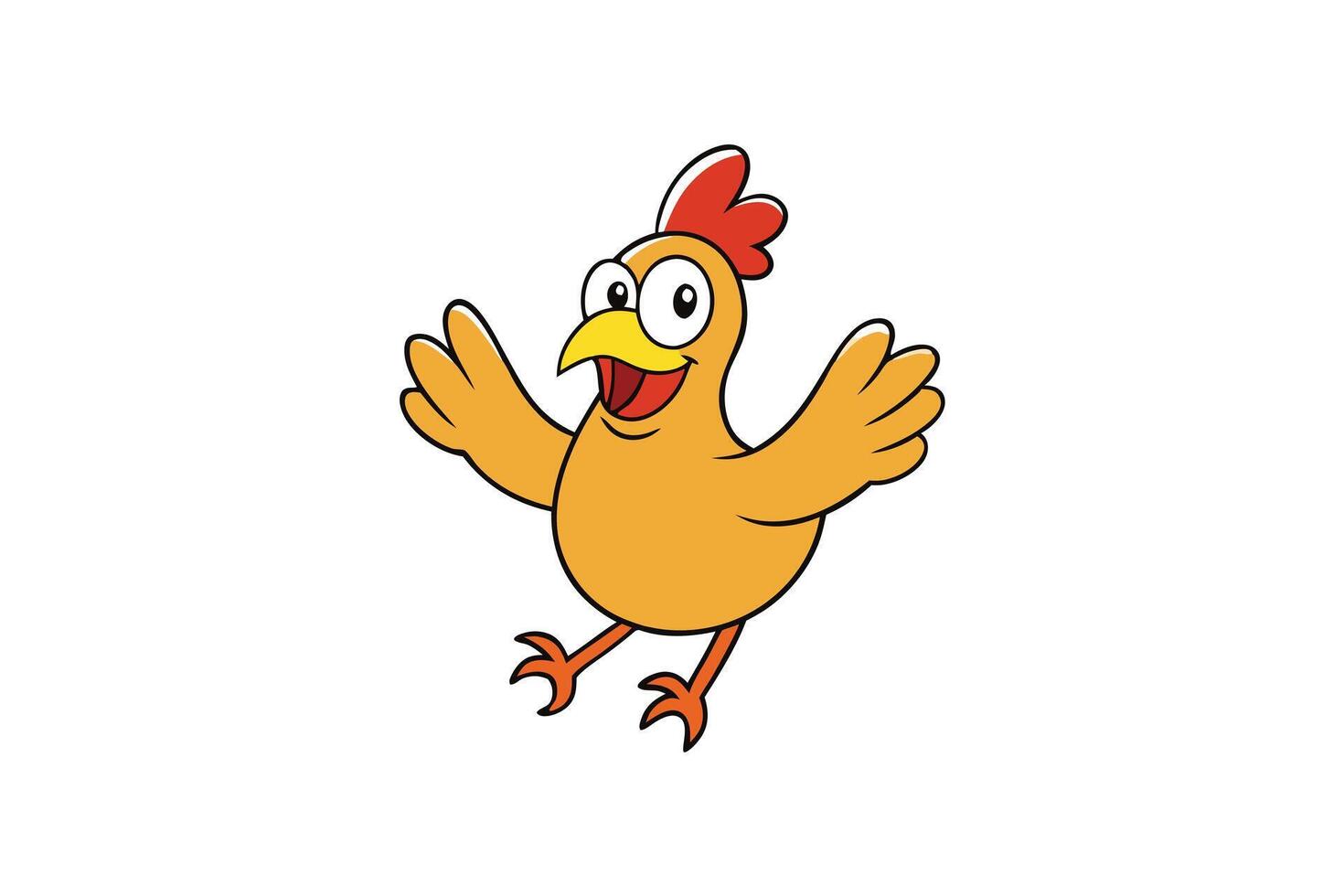 Animated Yellow Chicken with Red Comb, Open Wings, Smiling, Cartoon Style on White vector