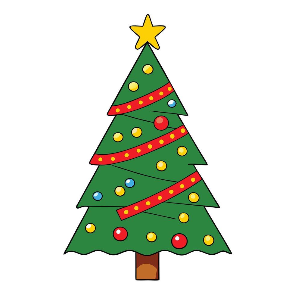 Festive Green Christmas Tree Decorated with Star, Ornaments and Red Ribbon on White vector