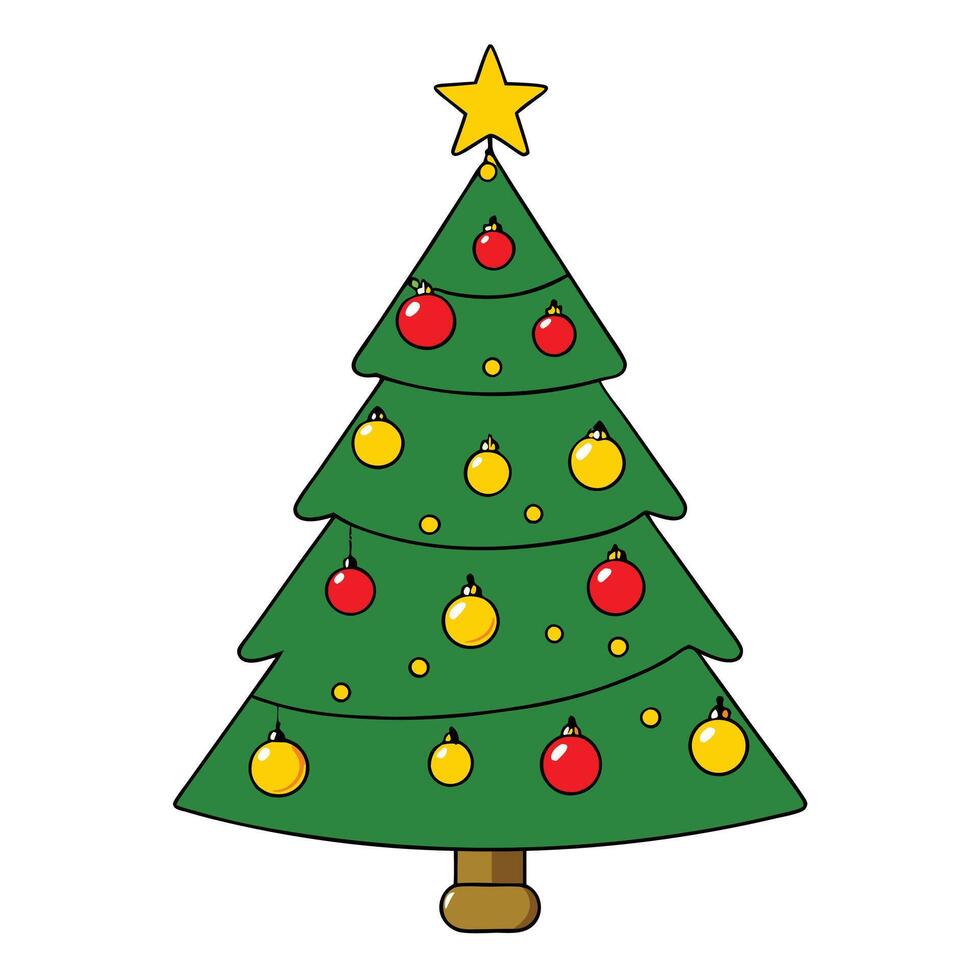 Cartoon Christmas Tree With Ornaments and Star Topper on White Background vector