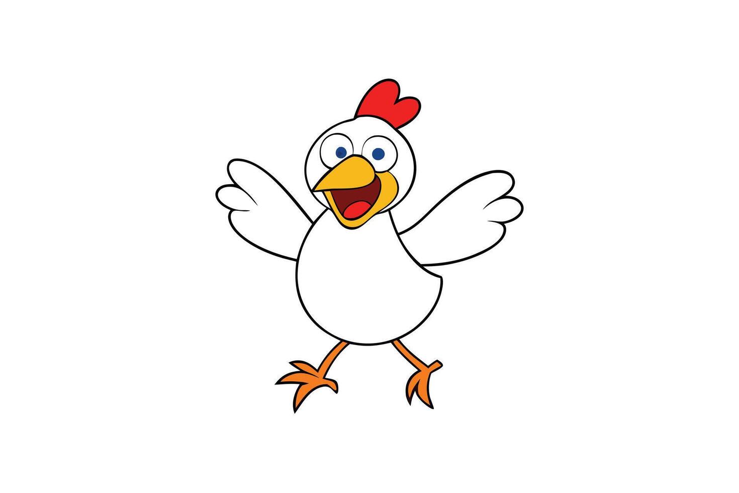 Cheerful White Chicken Cartoon with Red Comb and Yellow Beak on White Background vector
