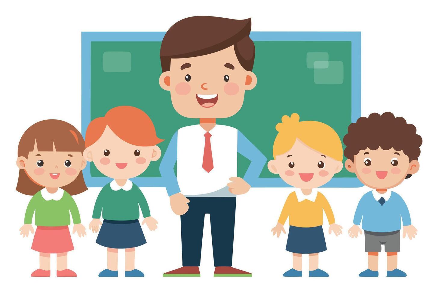 Smiling Teacher with Diverse Students Posing Before Chalkboard on White Background vector