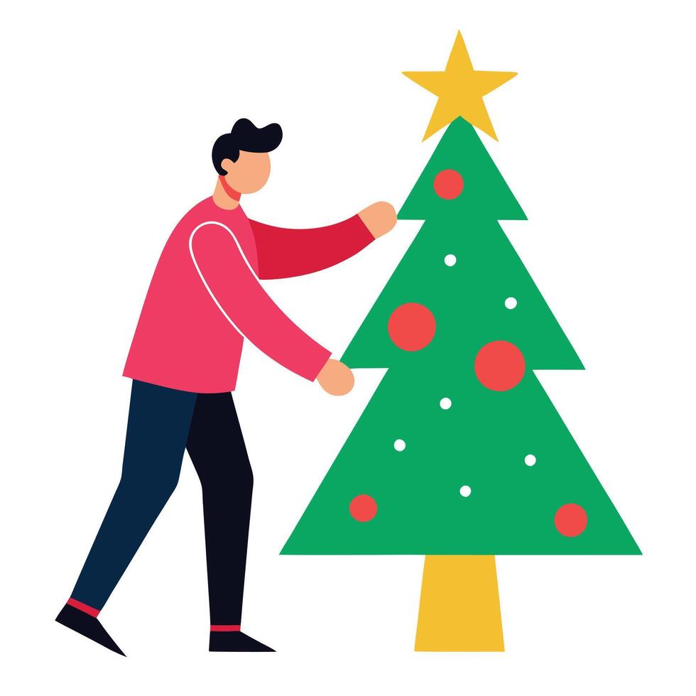 Young Man Decorating a Green Christmas Tree with Red Ornaments on White Background vector