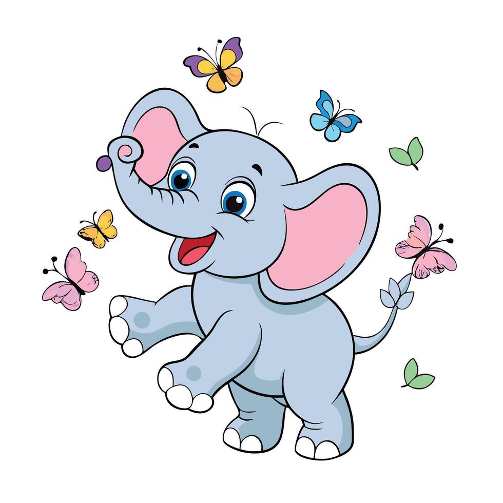 Cartoon Elephant Character with Butterflies on a White Background vector