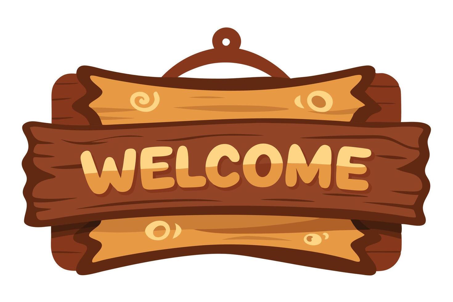 Cartoon Welcome Sign with Wood Texture and Hanging Rope on White Background vector