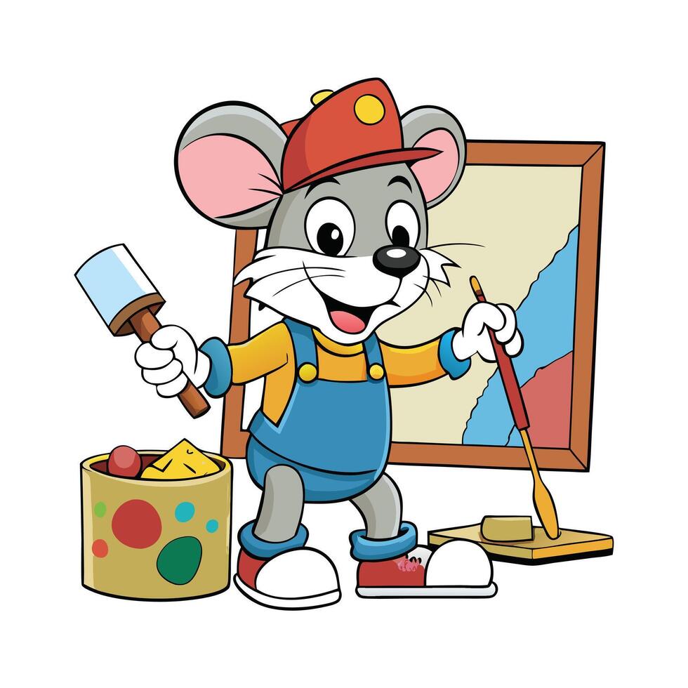 Cartoon Mouse Painting on Canvas with Brush and Colorful Details Isolated on White vector