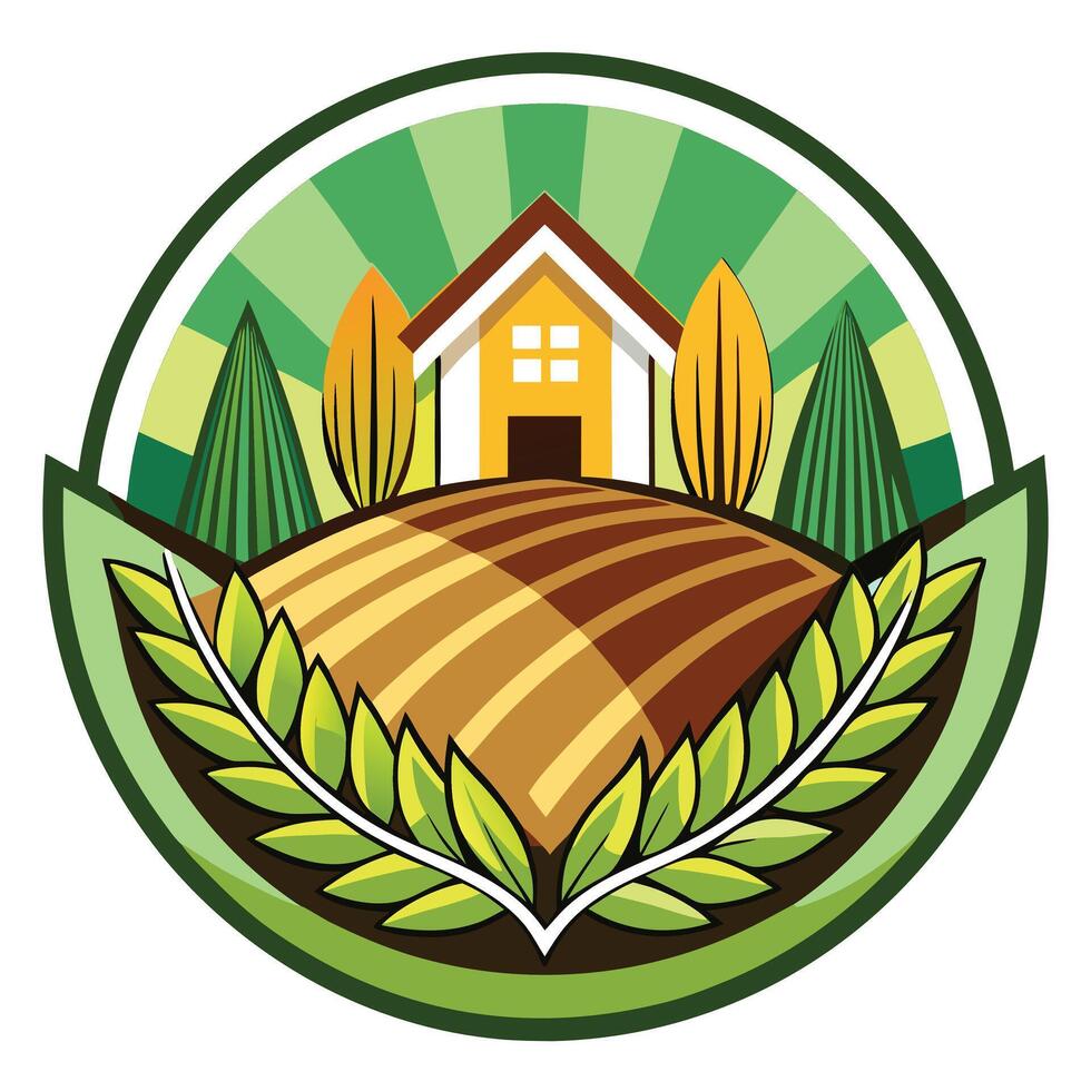 Farm House Landscape Icon with Field, Trees and Laurel Wreath in Circle Shape vector