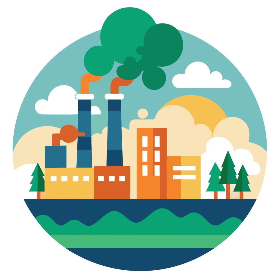 Factory Buildings Flat with Smoke Stacks Landscape Circle Design vector