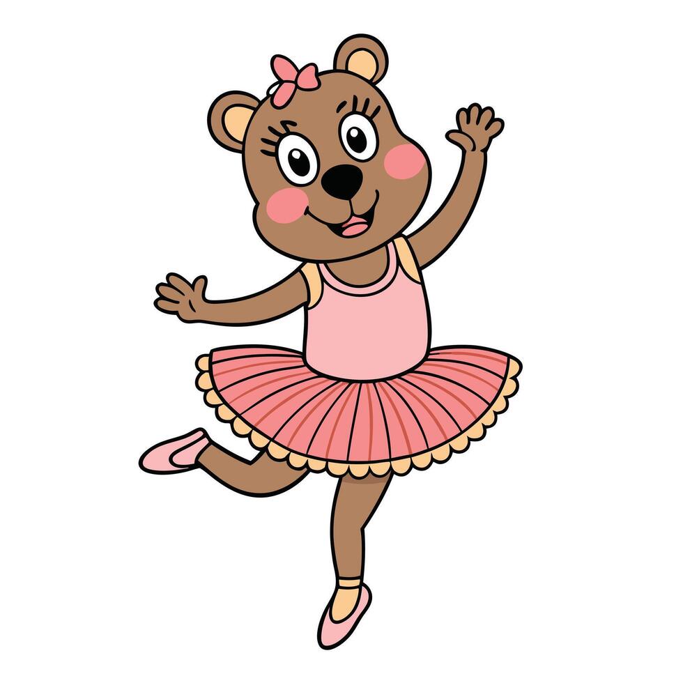 Cartoon Bear Ballerina Dancing in Pink Tutu with Bow on White Background vector