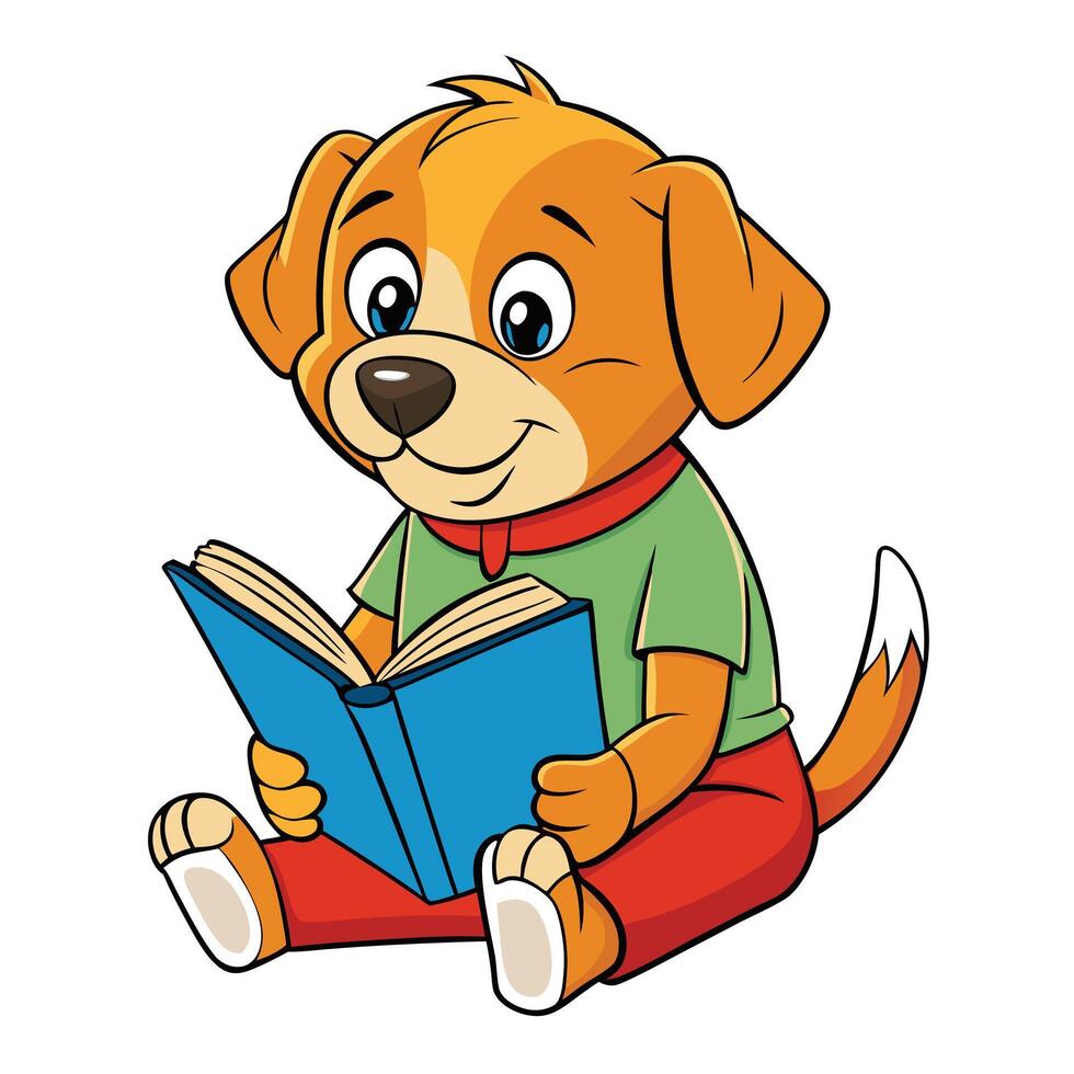 Cute Cartoon Puppy Sitting and Reading a Book Isolated on White Background vector