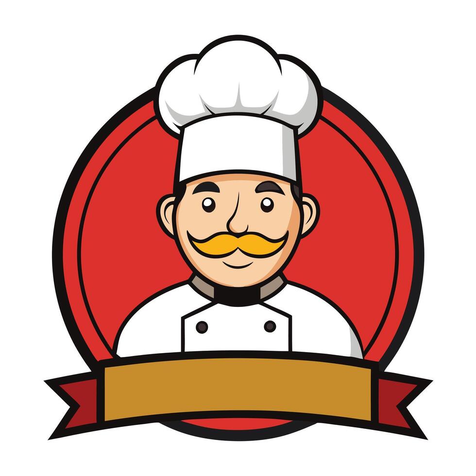 Chef Cartoon on Red Circle with Ribbon Over White Background vector