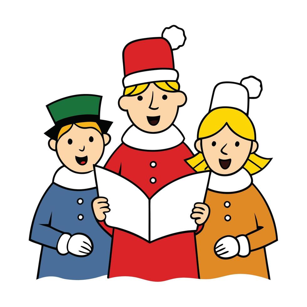 Three Cartoon Children Wearing Hats Singing From a Book With White Background vector