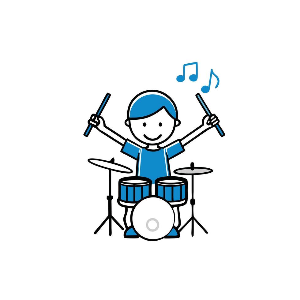 Cartoon Boy with Blue Outfit Playing Drum with Sticks on White Background vector