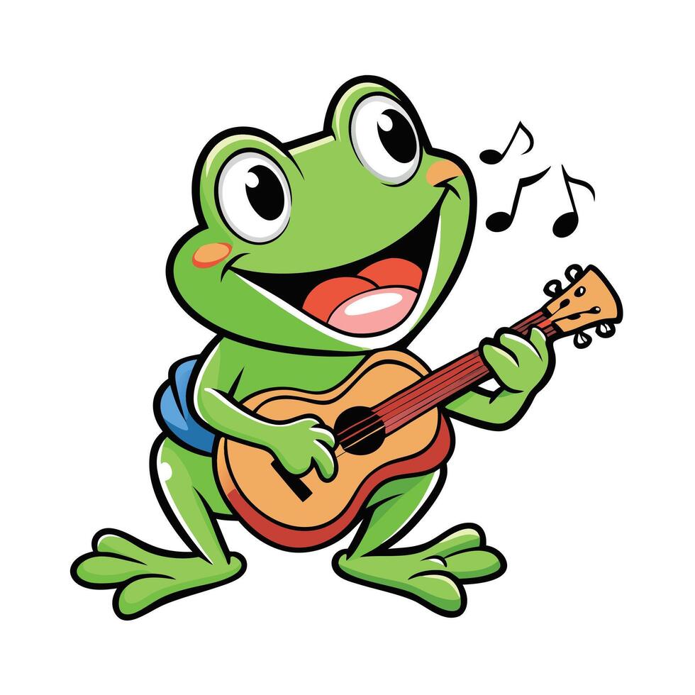 Joyful Green Cartoon Frog Playing Guitar and Singing with Notes on White Background vector