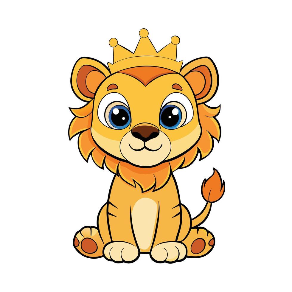 Cartoon Lion Cub Wearing Gold Crown Sitting Isolated on White Background Design vector