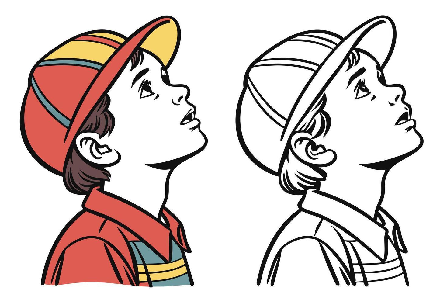 Boy Looking Up Art, Line Art Child Illustration, Red Hat and Shirt Design vector