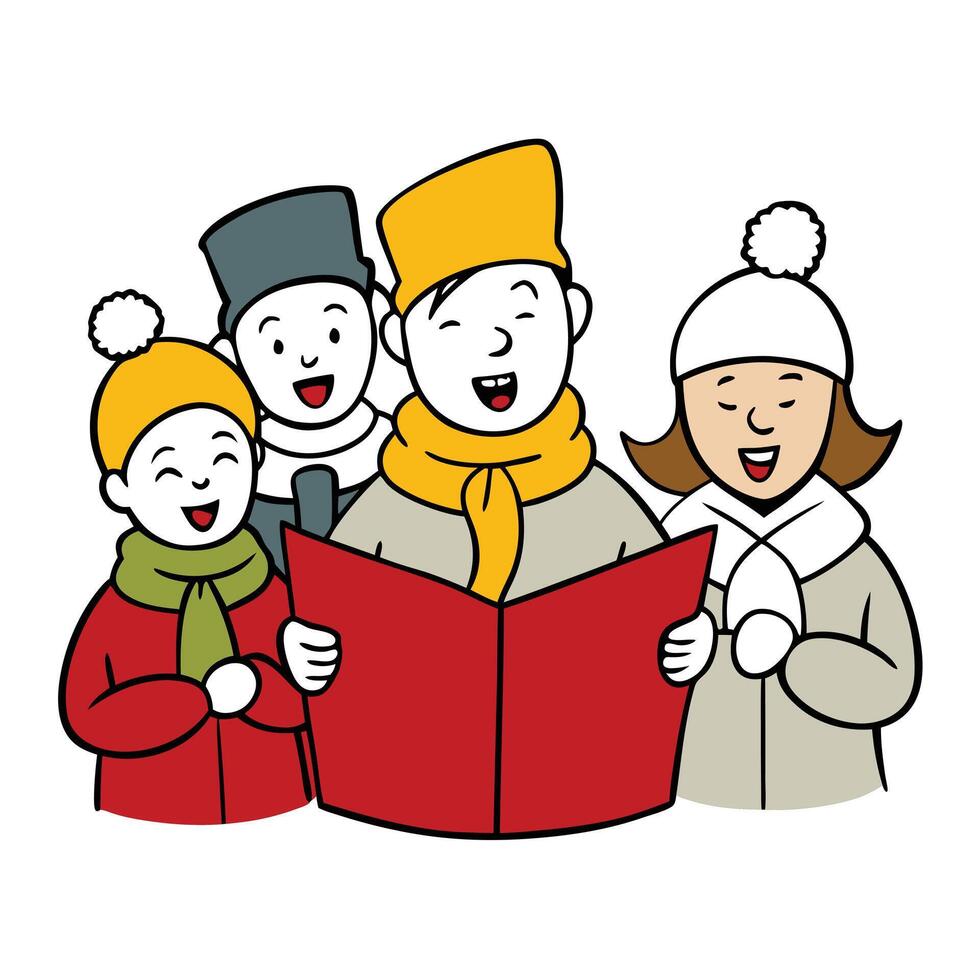 Cartoon People Singing with Red Book and Hats on White Background vector